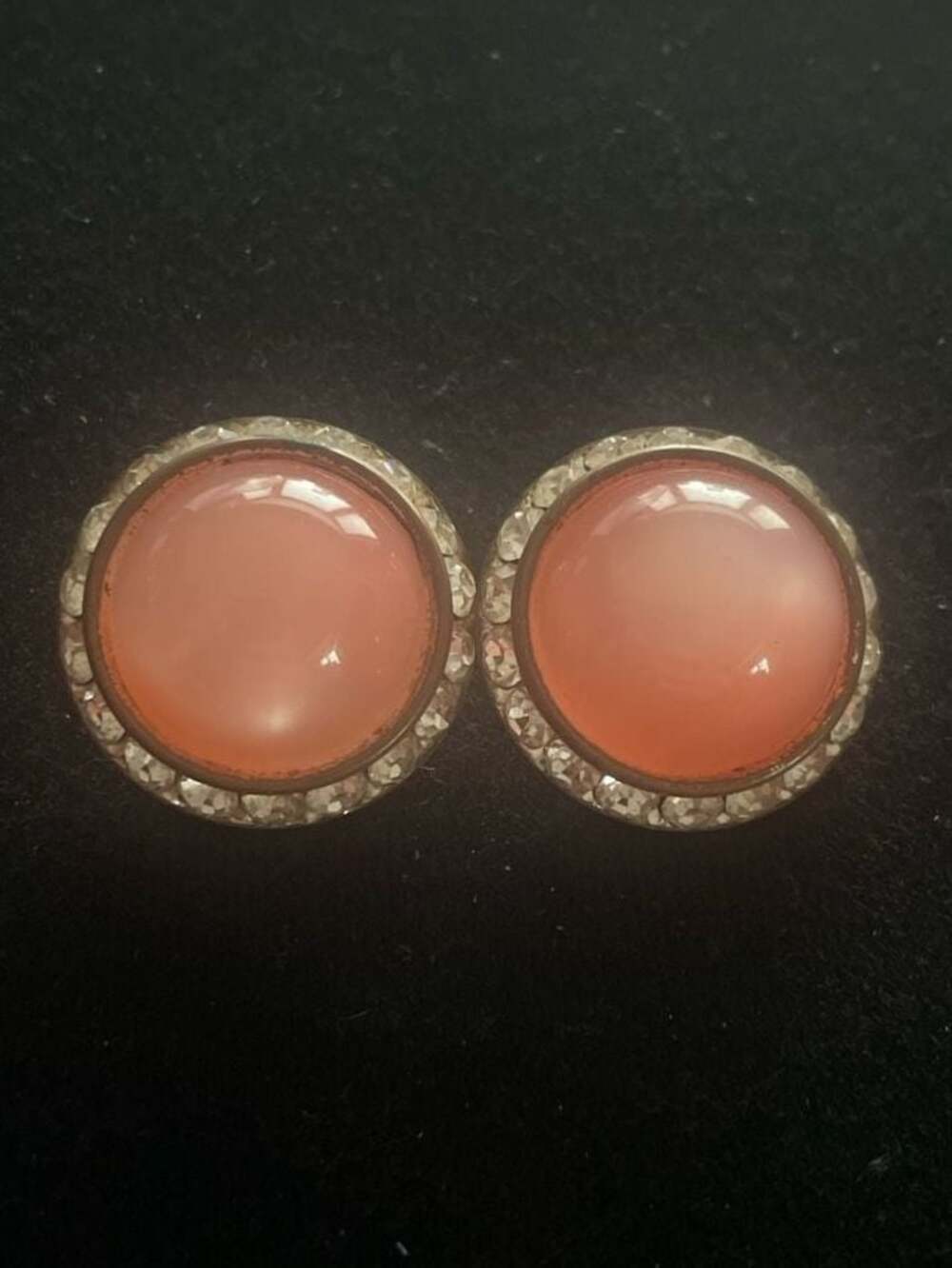 Vintage Lisner Pink Moonglow Cabochon and Rhinestone Clip-On Earrings